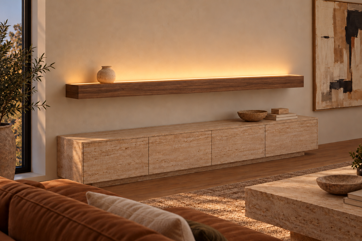 Gentry Stinson Walnut Floating Shelf | 84″ × 8″ × 4″ | Standard Mount | Natural | LED Light Ready — Top Front location; rendering with separately supplied LED tape
