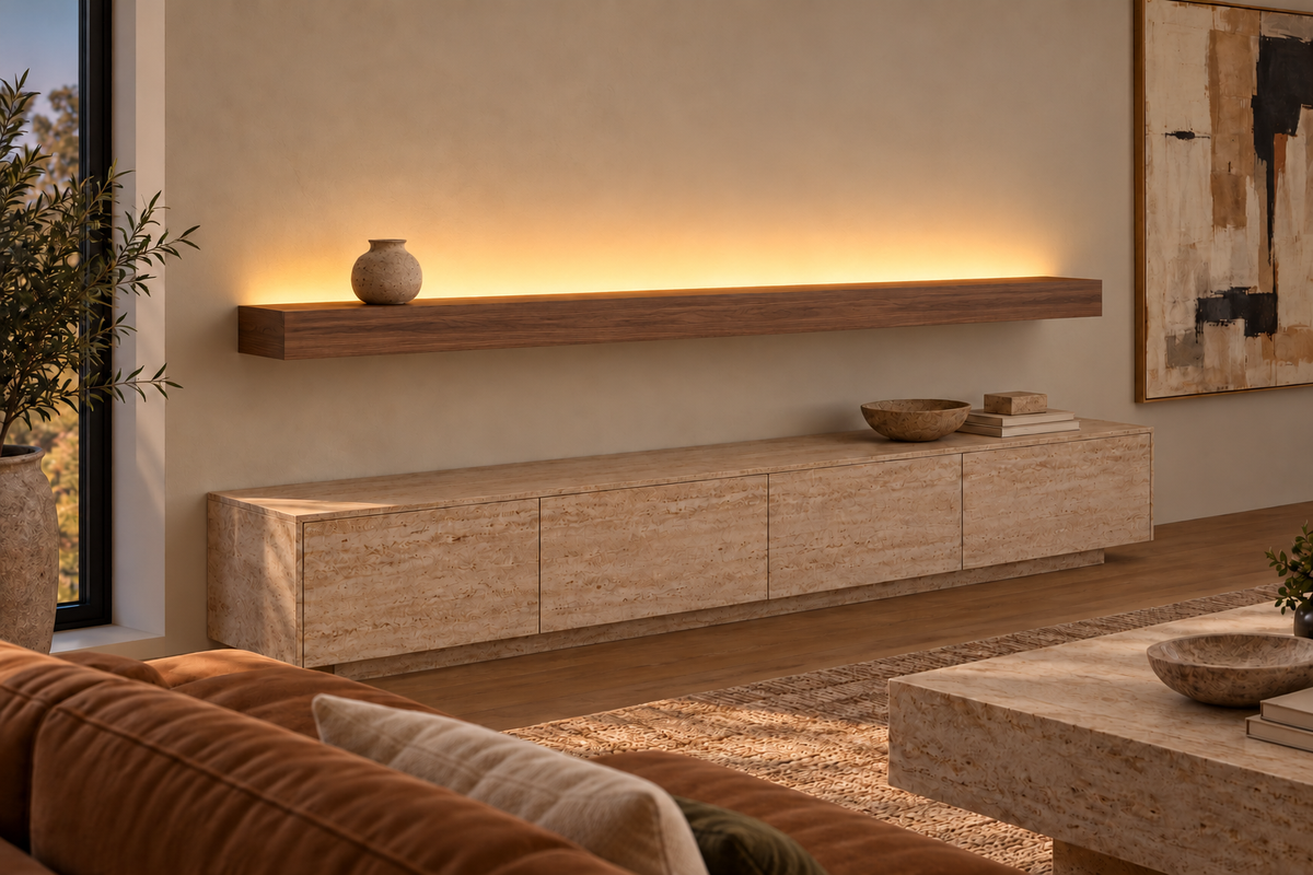 Gentry Stinson Walnut Floating Shelf | 84″ × 8″ × 4″ | Standard Mount | Natural | LED Light Ready — Top Rear location; rendering with separately supplied LED tape