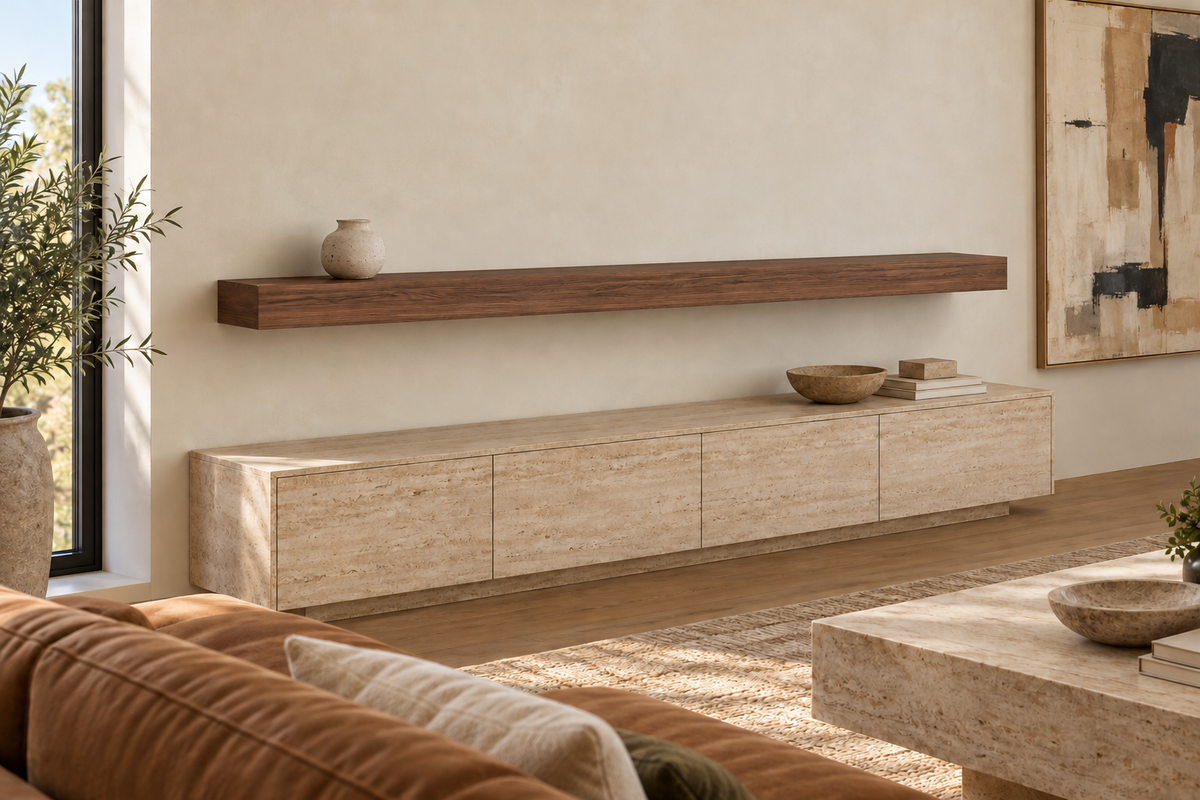 84 × 8 × 4 inch natural walnut floating shelf, standard mount, unlit, living-room rendering