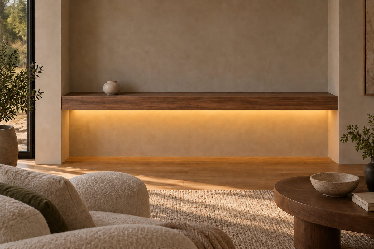 Gentry Stinson Walnut Floating Shelf | 84″ × 8″ × 4″ | Wall to Wall | Natural | LED Light Ready — Bottom Rear location; rendering with separately supplied LED tape