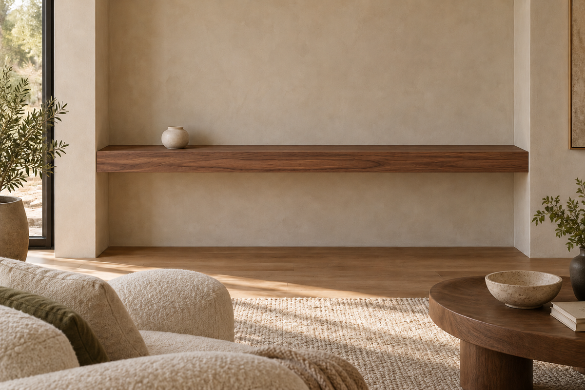 84 × 8 × 4 inch natural walnut floating shelf, wall-to-wall mount, unlit, living-room rendering