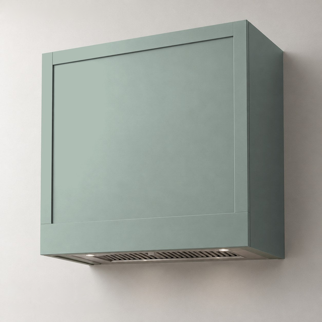 Frame range hood enclosure in Halcyon Green, SW 6213 — illustrative painted finish concept.