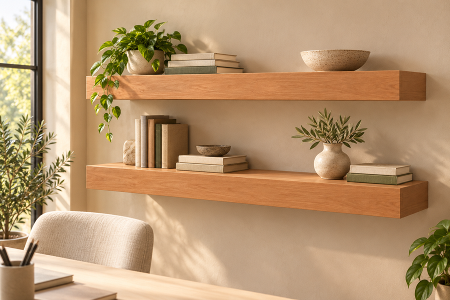 Representative lifestyle rendering of Clear Alder floating shelves mounted in a furnished home. Shelves sold individually.
