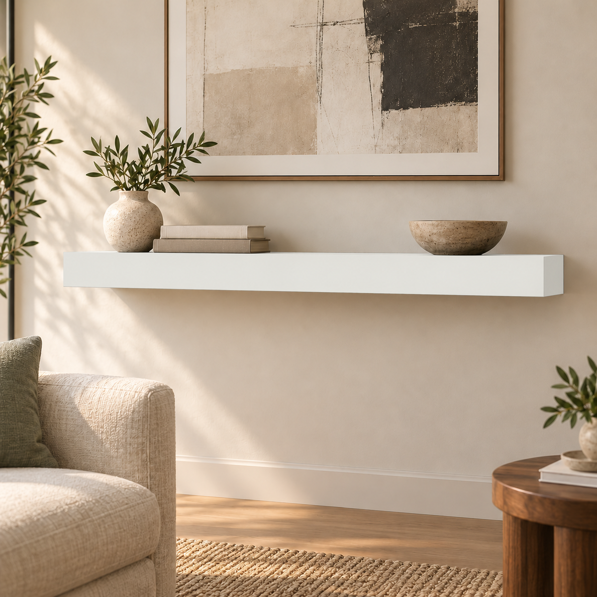 Extra White SW 7006 custom painted floating shelf in standard-01 room scene