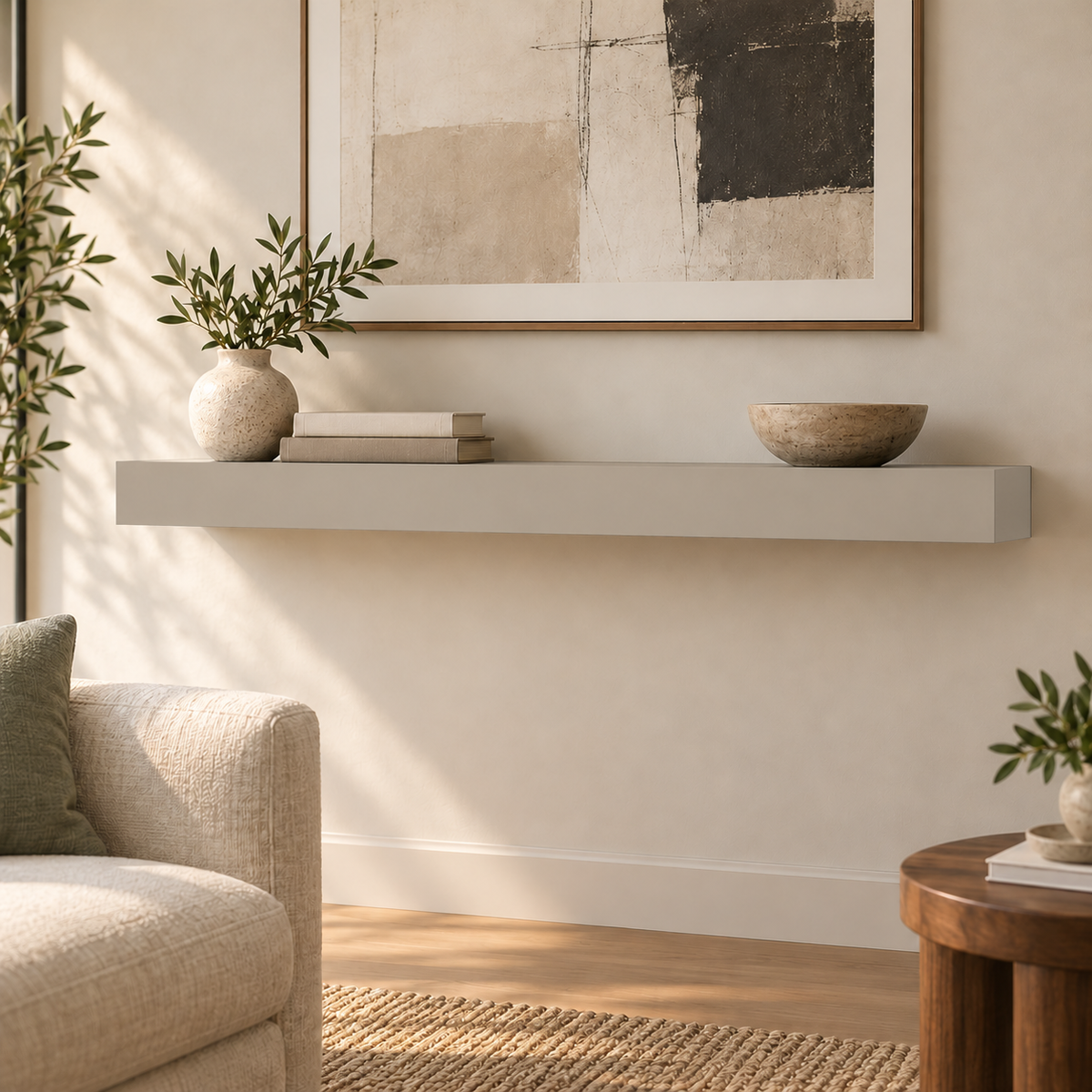 Amazing Gray SW 7044 custom painted standard-mount floating shelf in standard-01 room scene