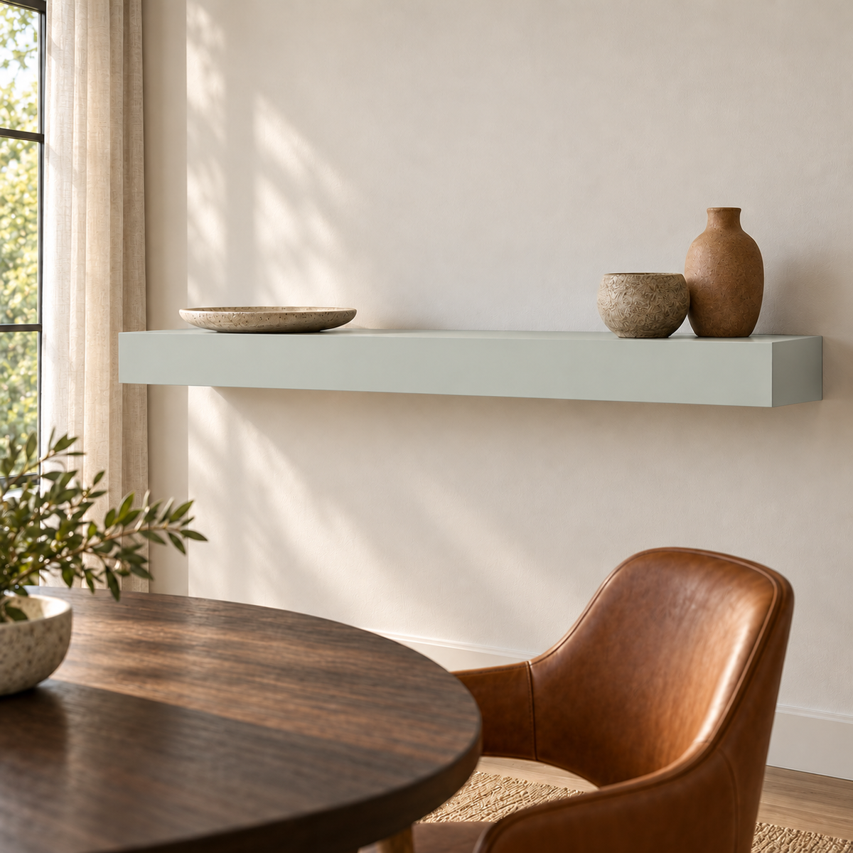 Sea Salt SW 6204 custom painted standard-mount floating shelf in standard-02 room scene