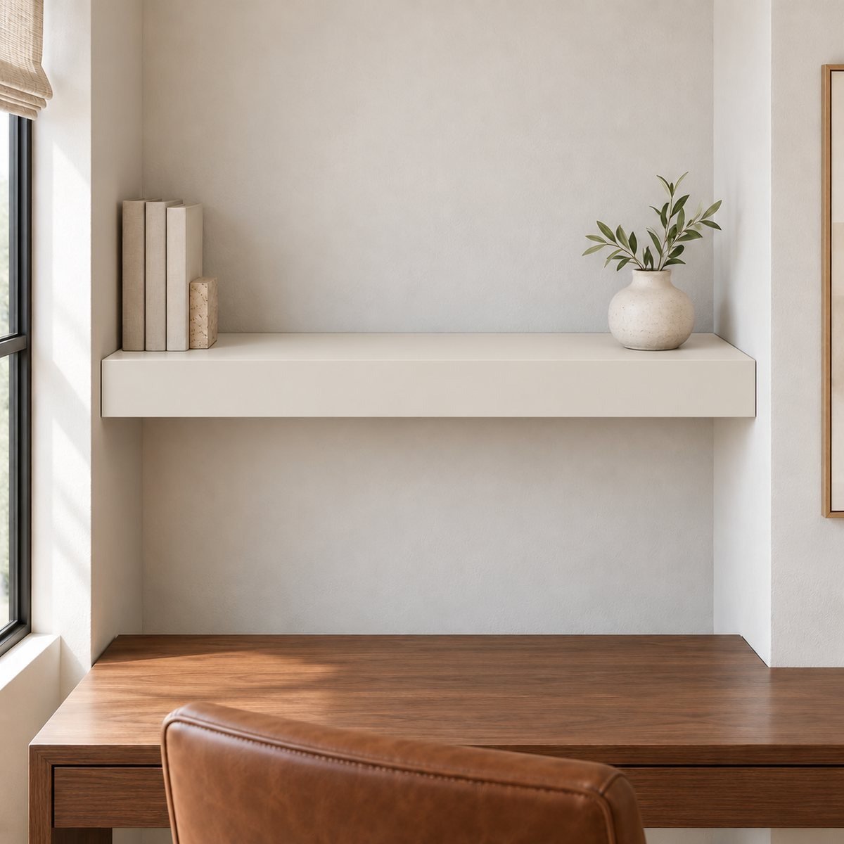 Heron Plume SW 6070 custom painted wall-to-wall floating shelf in wall-to-wall-01 room scene