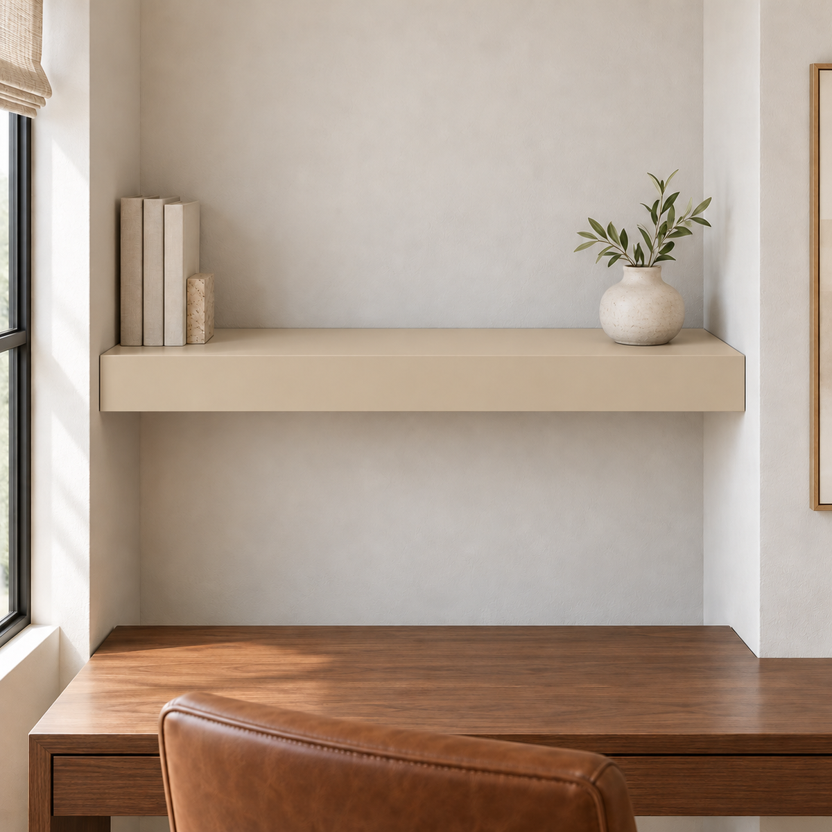 Kilim Beige SW 6106 custom painted wall-to-wall floating shelf in wall-to-wall-01 room scene