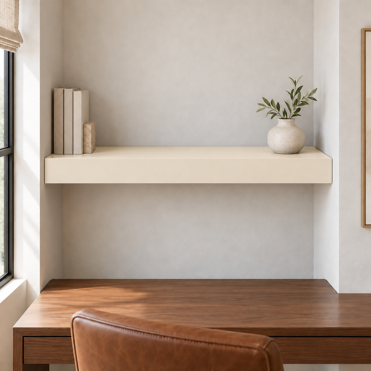 Antique White SW 6119 custom painted wall-to-wall floating shelf in wall-to-wall-01 room scene