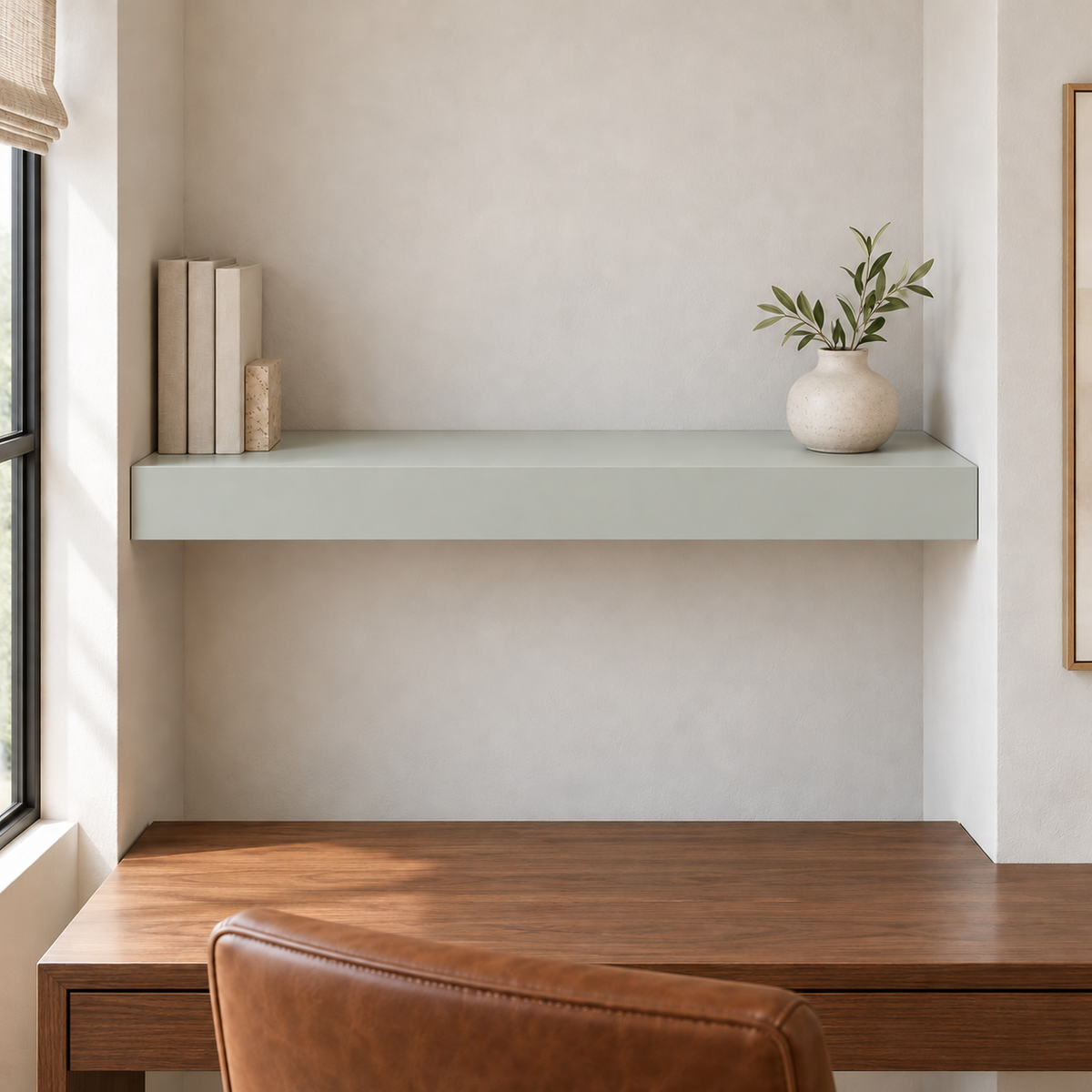 Sea Salt SW 6204 custom painted wall-to-wall floating shelf in wall-to-wall-01 room scene