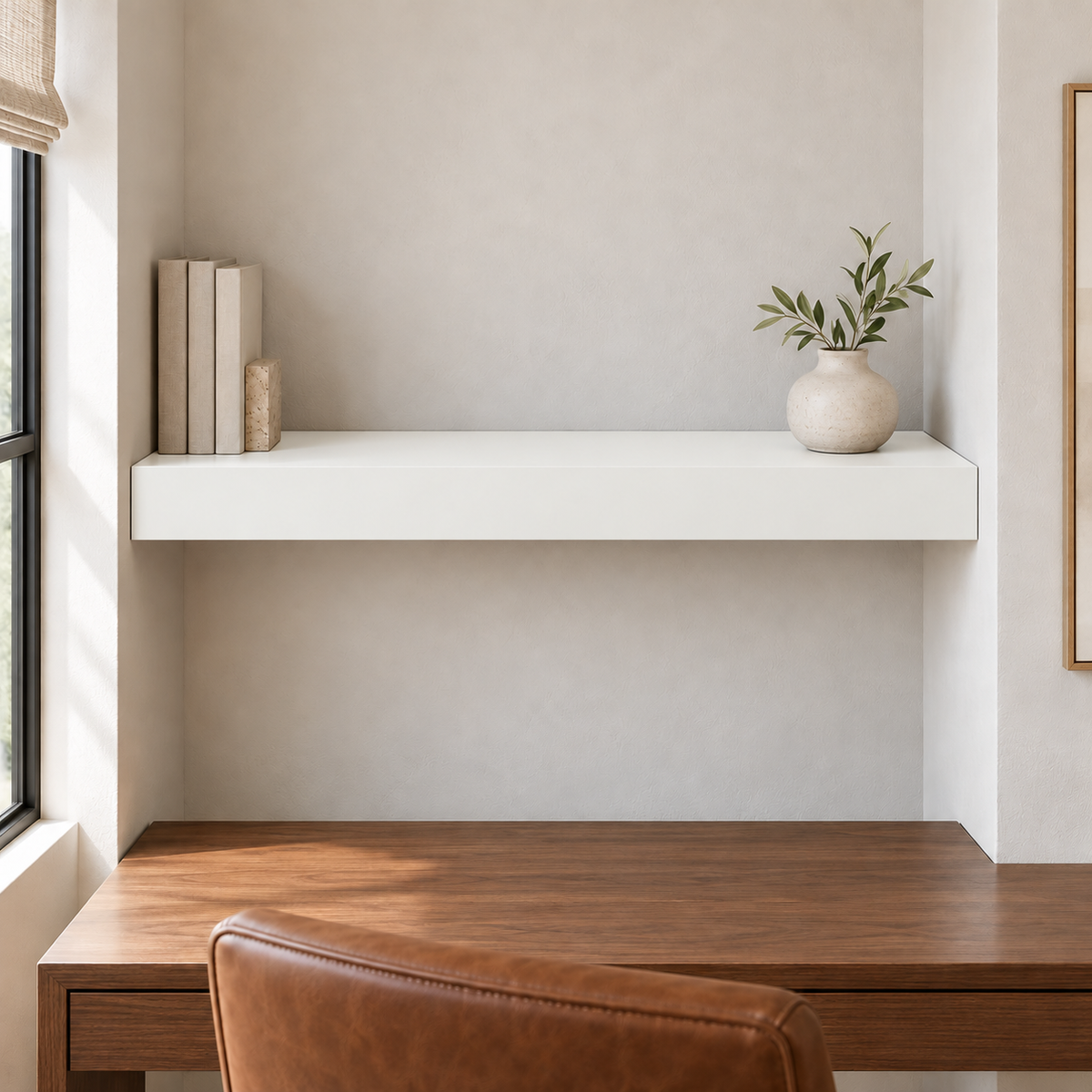 Extra White SW 7006 custom painted wall-to-wall floating shelf in wall-to-wall-01 room scene