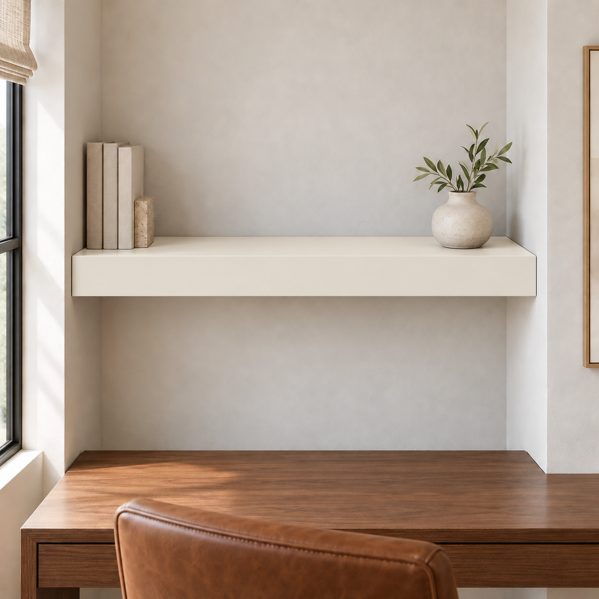 Pearly White SW 7009 custom painted wall-to-wall floating shelf in wall-to-wall-01 room scene