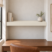 White Duck SW 7010 custom painted wall-to-wall floating shelf in wall-to-wall-01 room scene