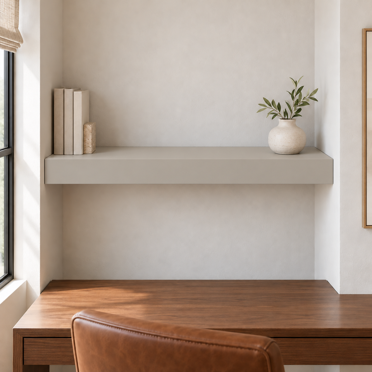 Mindful Gray SW 7016 custom painted wall-to-wall floating shelf in wall-to-wall-01 room scene