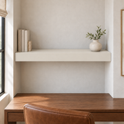 Incredible White SW 7028 custom painted wall-to-wall floating shelf in wall-to-wall-01 room scene