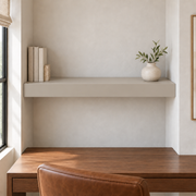 Worldly Gray SW 7043 custom painted floating shelf in wall-to-wall-01 room scene