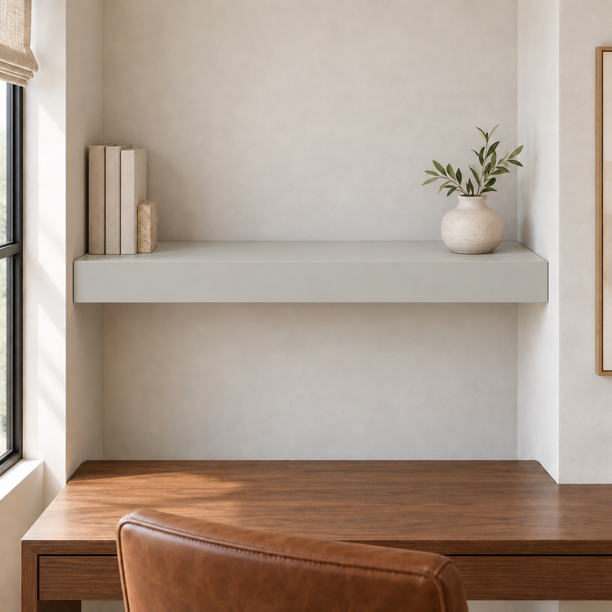 Passive SW 7064 custom painted wall-to-wall floating shelf in wall-to-wall-01 room scene