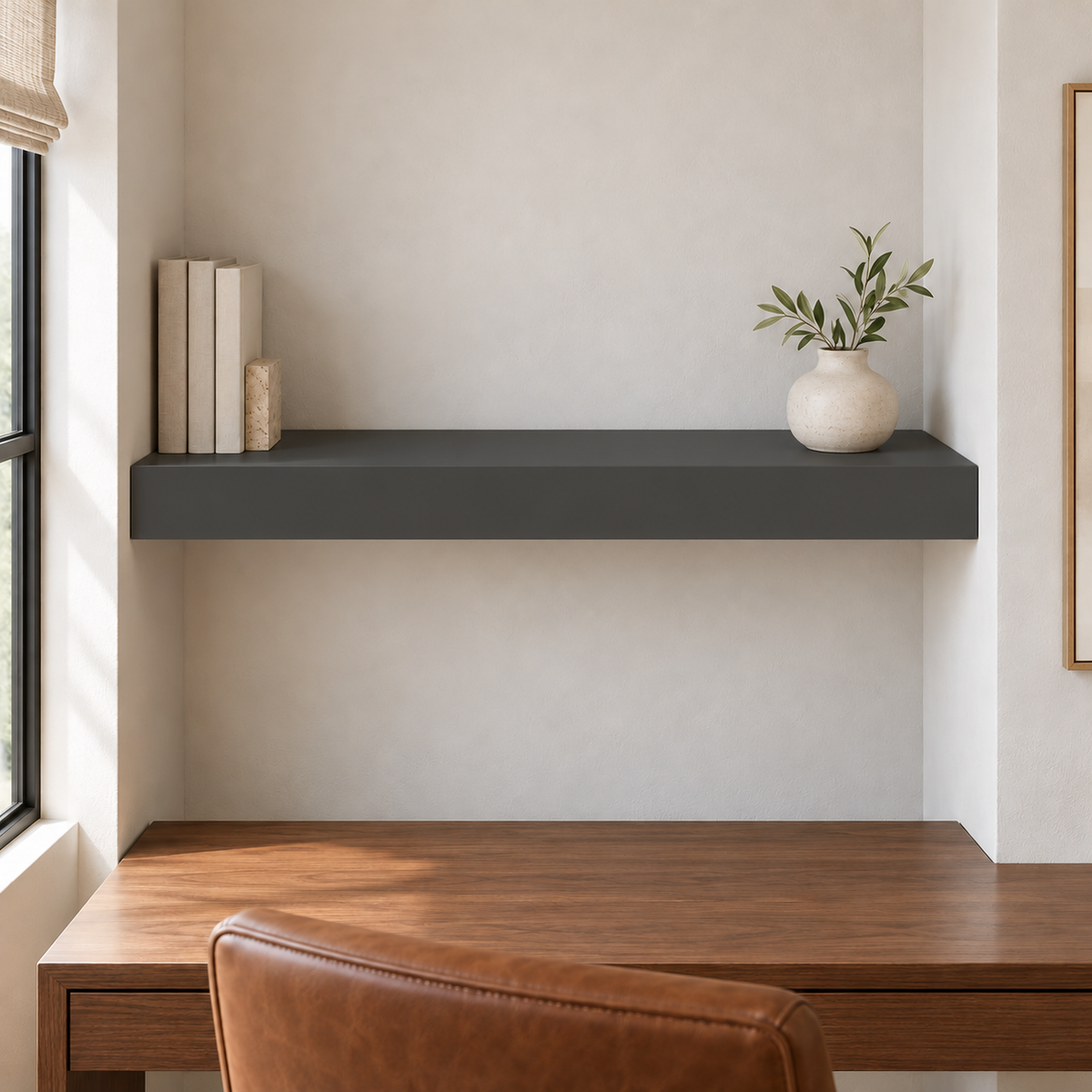 Iron Ore SW 7069 custom painted wall-to-wall floating shelf in wall-to-wall-01 room scene