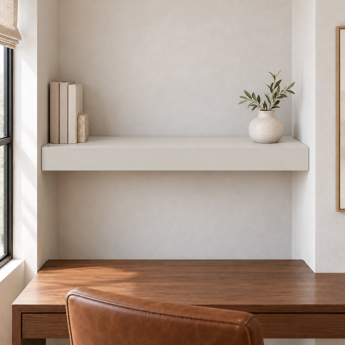 Crushed Ice SW 7647 custom painted wall-to-wall floating shelf in office alcove room scene 01
