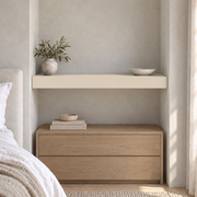 Antique White SW 6119 custom painted wall-to-wall floating shelf in wall-to-wall-02 room scene