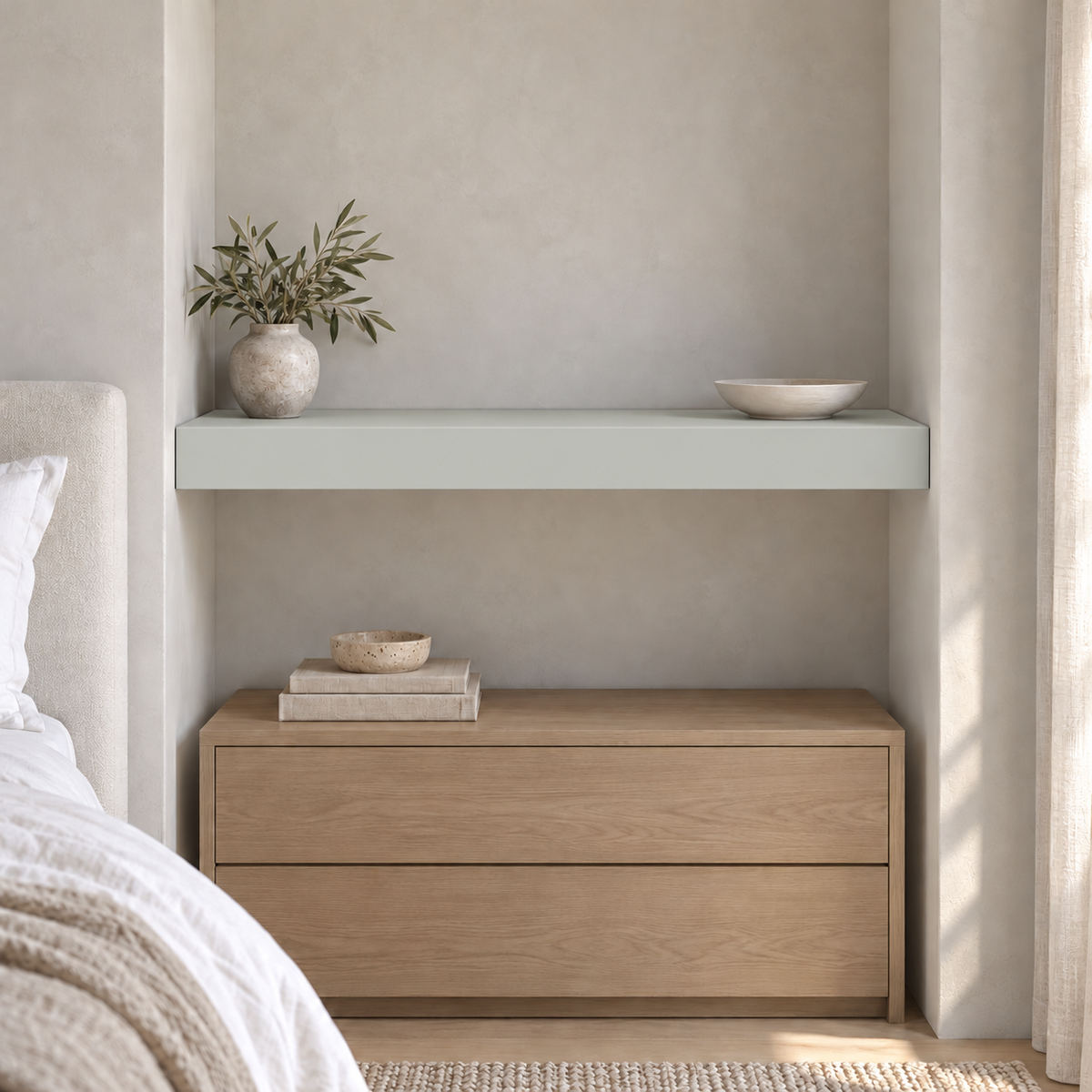 Sea Salt SW 6204 custom painted wall-to-wall floating shelf in wall-to-wall-02 room scene
