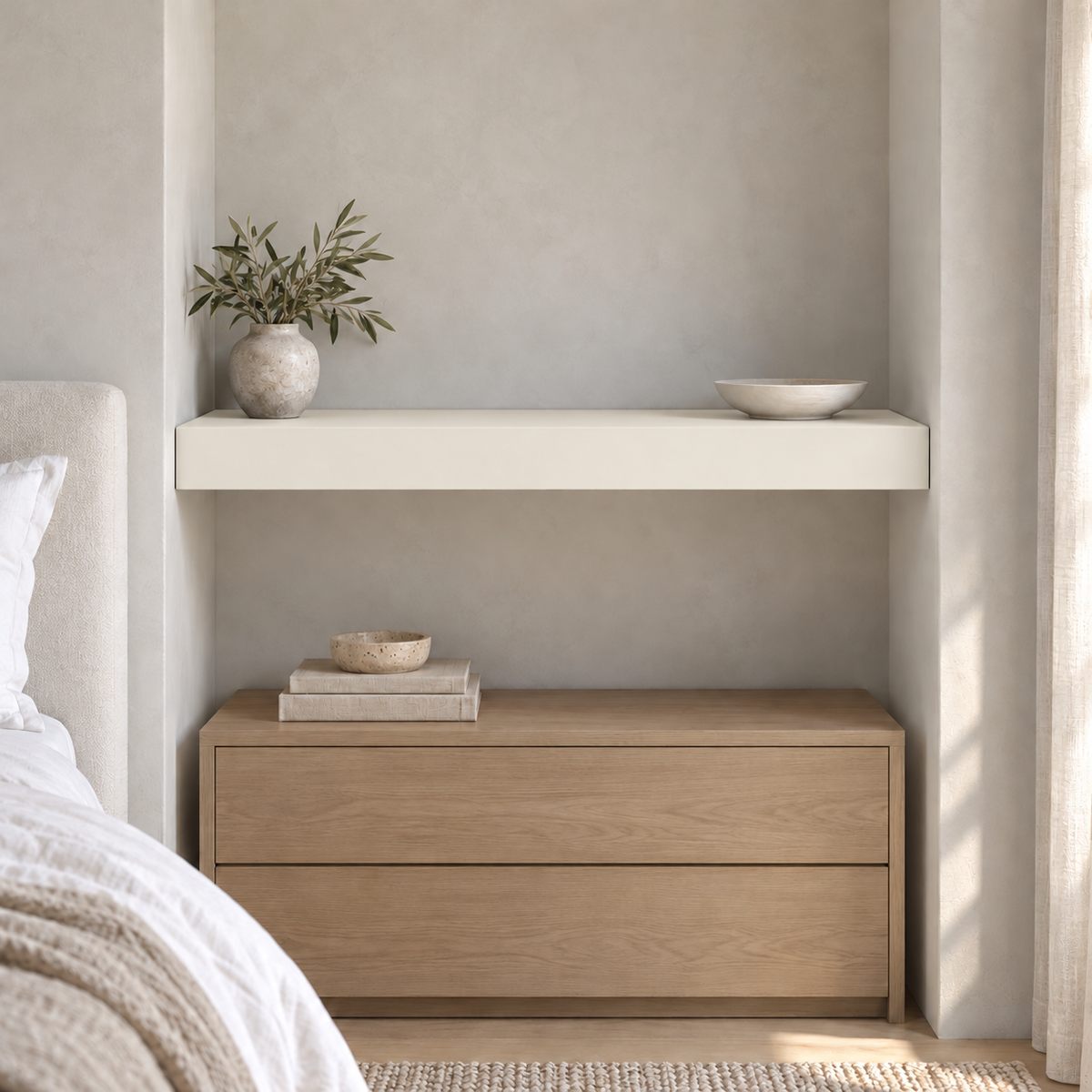Dover White SW 6385 custom painted floating shelf in wall-to-wall-02 room scene