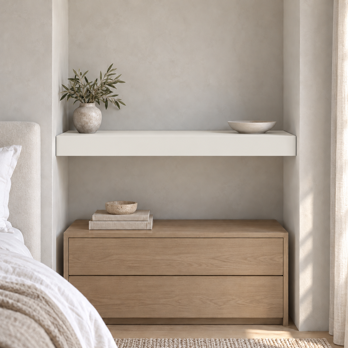 Snowbound SW 7004 custom painted floating shelf in wall-to-wall-02 room scene