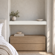 Wall-to-wall painted floating shelf in Pure White SW 7005; representative room rendering, not dimension-specific.