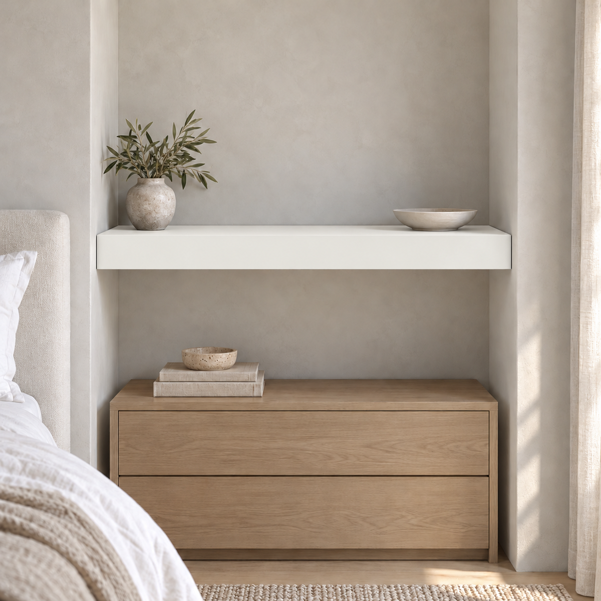 Wall-to-wall painted floating shelf in Pure White SW 7005; representative room rendering, not dimension-specific.