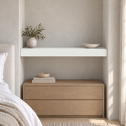 Extra White SW 7006 custom painted wall-to-wall floating shelf in wall-to-wall-02 room scene
