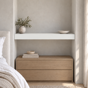 Ceiling Bright White SW 7007 custom painted wall-to-wall floating shelf in wall-to-wall-02 room scene