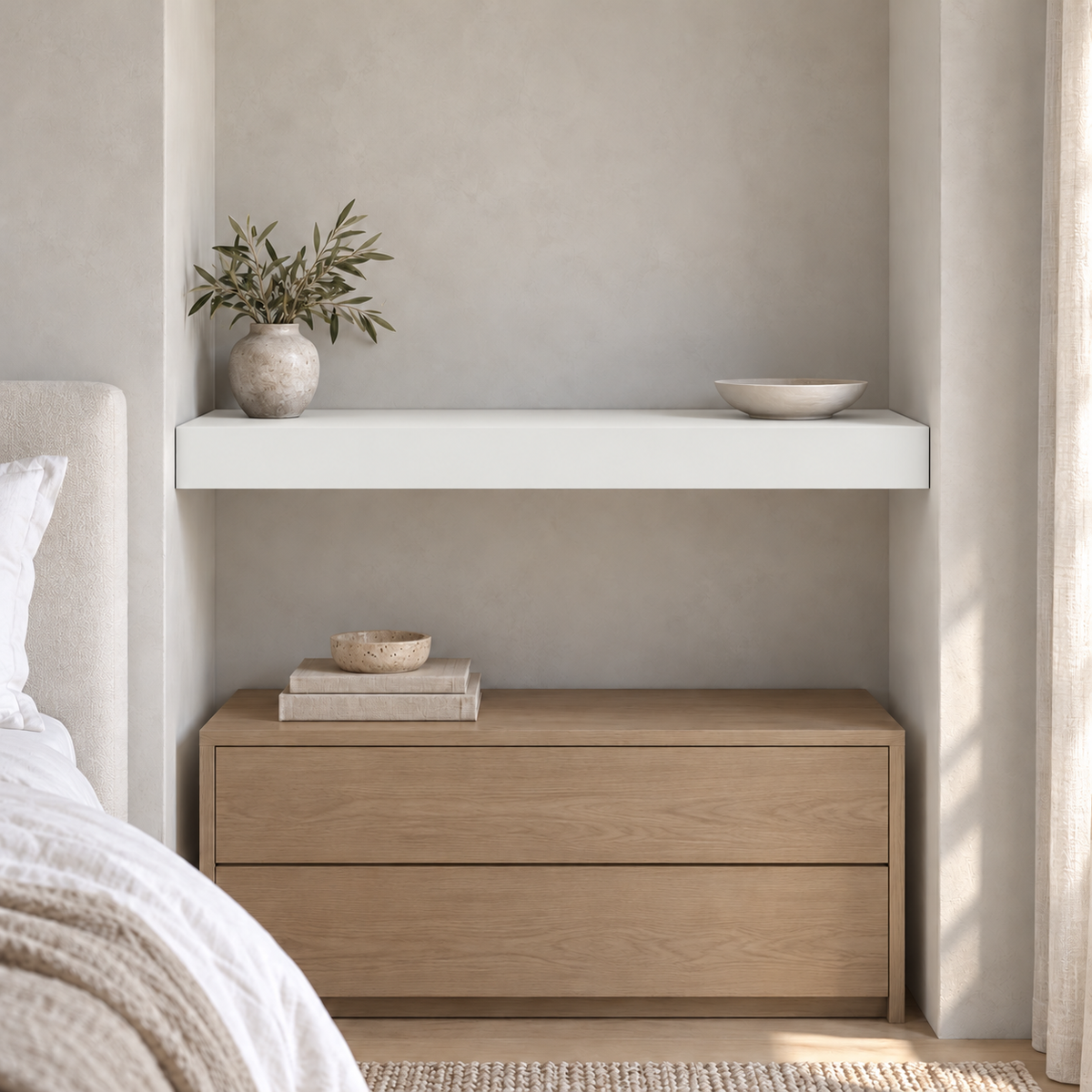 Ceiling Bright White SW 7007 custom painted wall-to-wall floating shelf in wall-to-wall-02 room scene