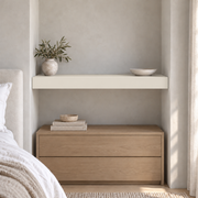 White Duck SW 7010 custom painted wall-to-wall floating shelf in wall-to-wall-02 room scene