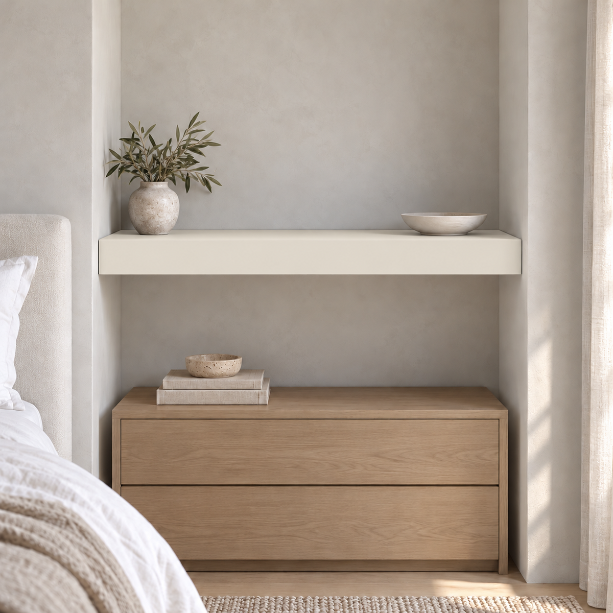 White Duck SW 7010 custom painted wall-to-wall floating shelf in wall-to-wall-02 room scene