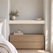 Creamy SW 7012 custom painted wall-to-wall floating shelf in wall-to-wall-02 room scene