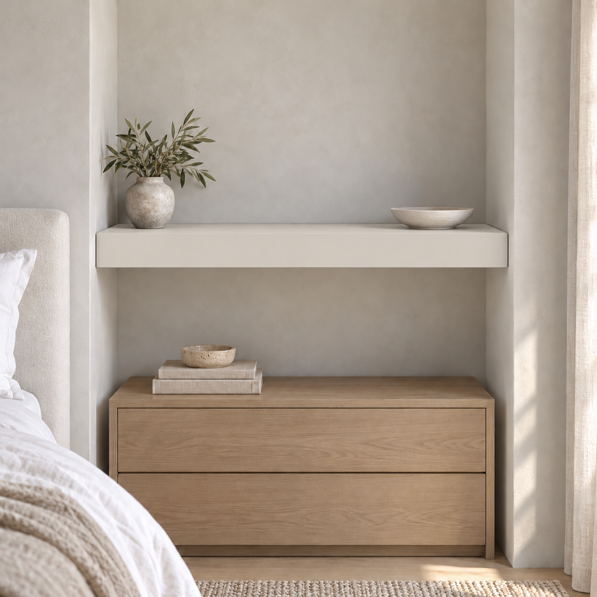 Eider White SW 7014 custom painted floating shelf in wall-to-wall-02 room scene