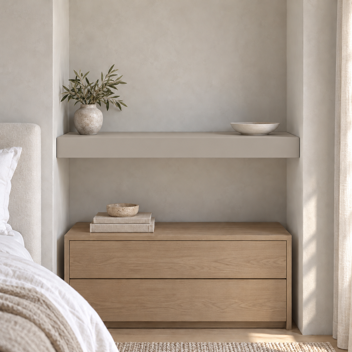 Mindful Gray SW 7016 custom painted wall-to-wall floating shelf in wall-to-wall-02 room scene