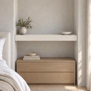 Aesthetic White SW 7035 custom painted wall-to-wall floating shelf in wall-to-wall-02 room scene