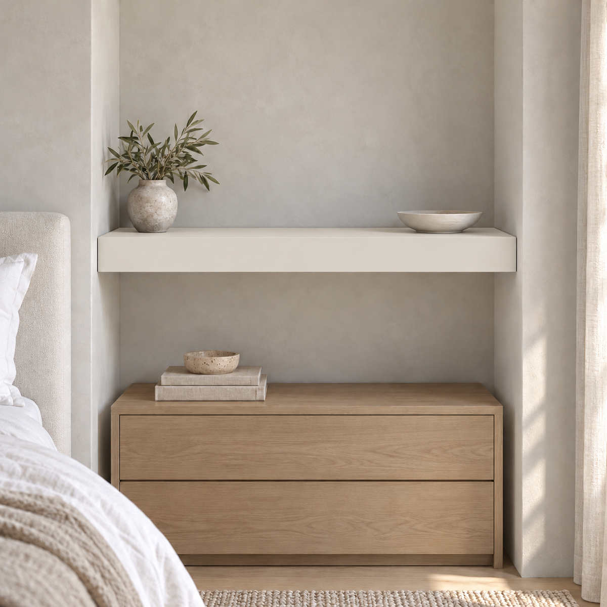 Aesthetic White SW 7035 custom painted wall-to-wall floating shelf in wall-to-wall-02 room scene