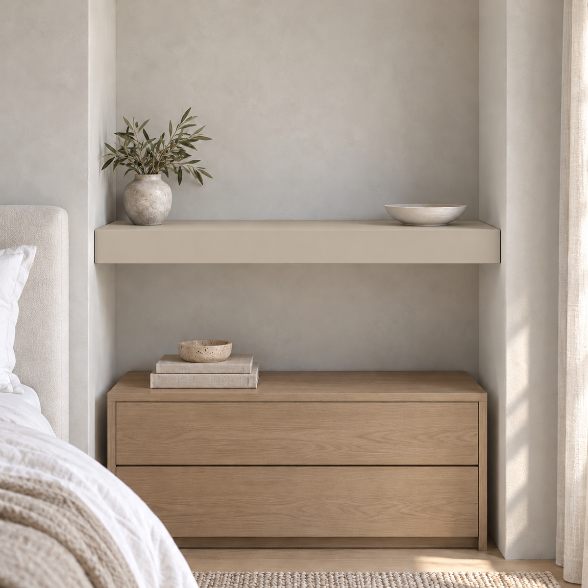 Accessible Beige SW 7036 custom painted floating shelf in wall-to-wall-02 room scene