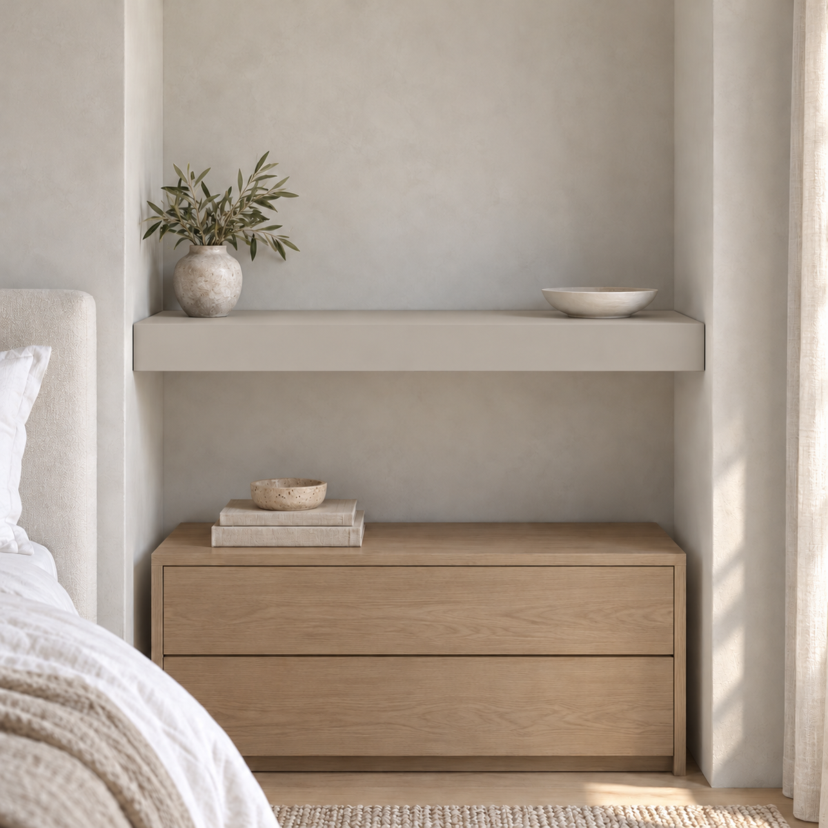 Worldly Gray SW 7043 custom painted floating shelf in wall-to-wall-02 room scene