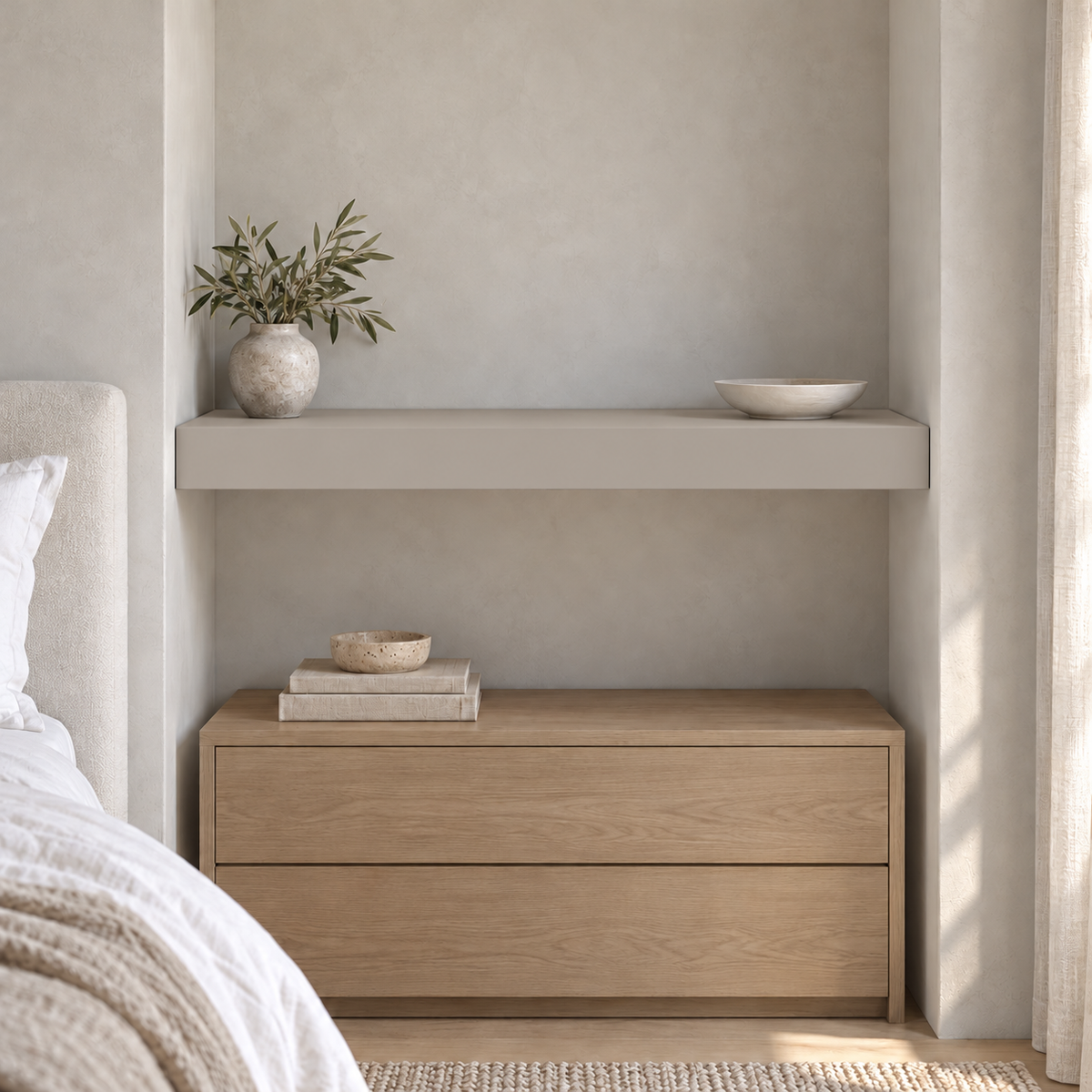Amazing Gray SW 7044 custom painted wall-to-wall floating shelf in wall-to-wall-02 room scene