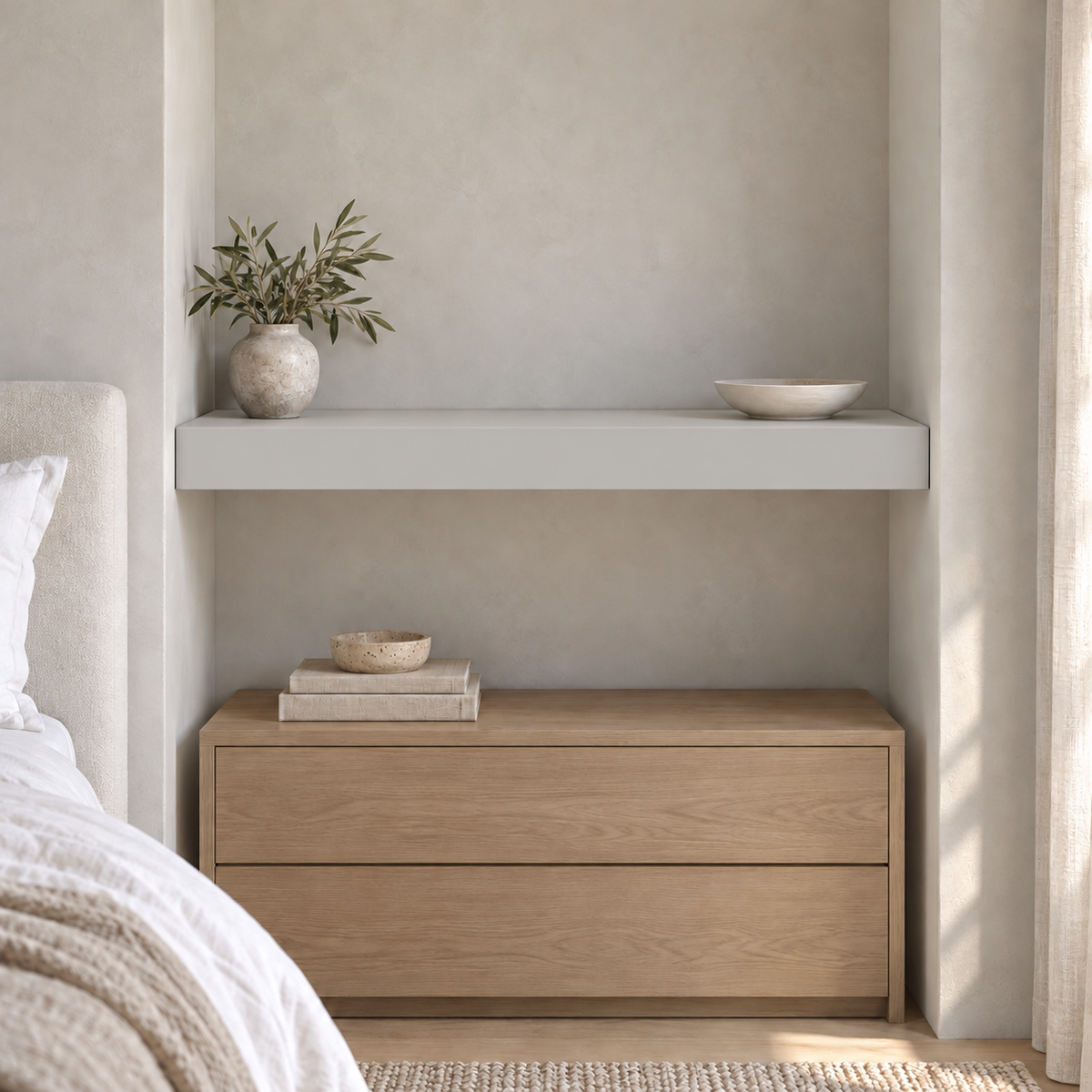 Passive SW 7064 custom painted wall-to-wall floating shelf in wall-to-wall-02 room scene