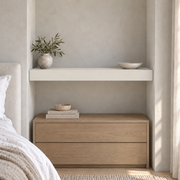Origami White SW 7636 custom painted wall-to-wall floating shelf in wall-to-wall-02 room scene