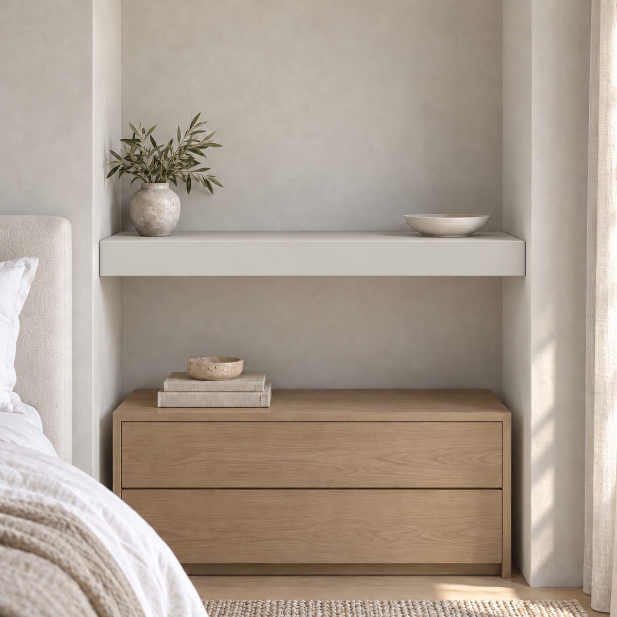 Crushed Ice SW 7647 custom painted wall-to-wall floating shelf in wall-to-wall-02 room scene