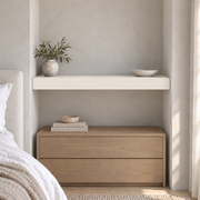 Shell White SW 8917 custom painted wall-to-wall floating shelf in wall-to-wall-02 room scene