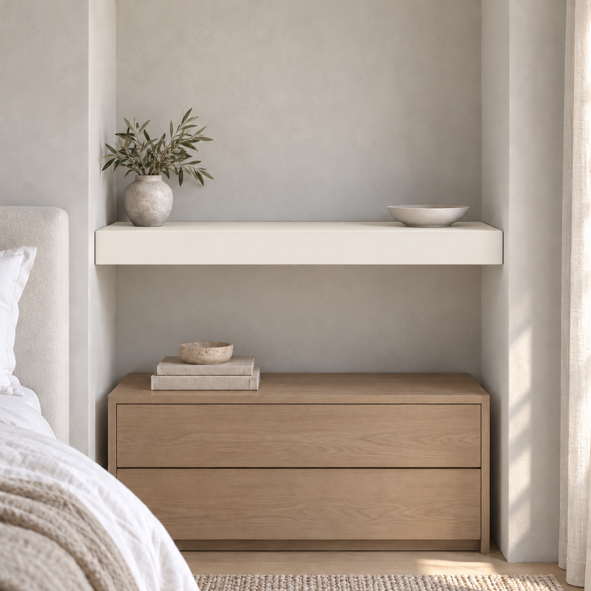 Shell White SW 8917 custom painted wall-to-wall floating shelf in wall-to-wall-02 room scene