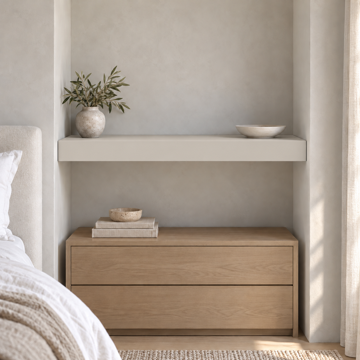Gossamer Veil SW 9165 custom painted wall-to-wall floating shelf in wall-to-wall-02 room scene