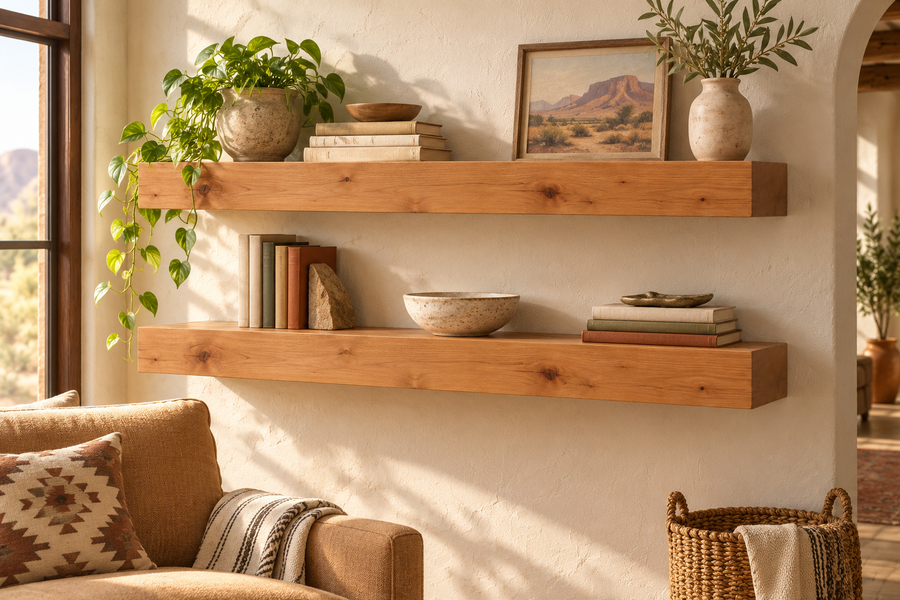 Representative lifestyle rendering of Knotty Alder floating shelves mounted in a furnished home. Shelves sold individually.