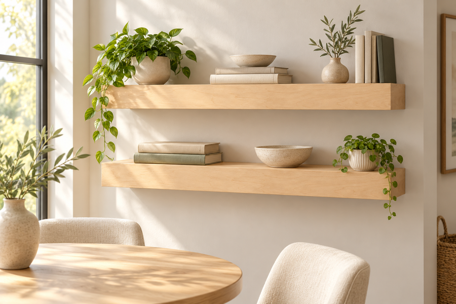 Representative lifestyle rendering of Maple floating shelves mounted in a furnished home. Shelves sold individually.